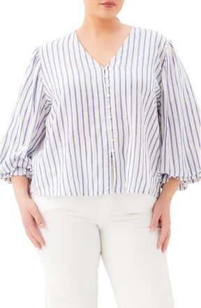 Karen Kane Stripe Linen Blend Shirt in Off White/Blue at Nordstrom, Size 1X