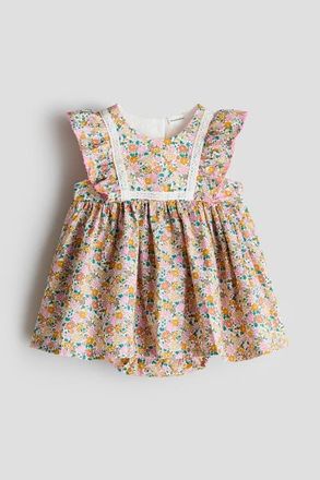 H&M Cotton Muslin Bodysuit Dress in Yellow/floral at Nordstrom, Size Newborn
