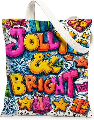Generic Jolly Bright Canvas Tote Bags, Colorful Holiday Design Reusable Grocery Bags, Winter Lightweight Washable Shoulder Strap Ca, Colorful, 13x15 Inch