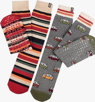Totes Mens Totes Toasties ORIGINAL SLIPPER SOCKS (TWIN PACK) Mens Socks Campervan / Stripe - Multi - Size: 2.5/3/3.5/4/12.5/12/11.5/10.5/11/10/15.5/15/14.5