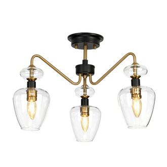 Loops 3 Bulb Semi Flush Light Aged Brass Finish Charcoal Black Paint LED E14 40W