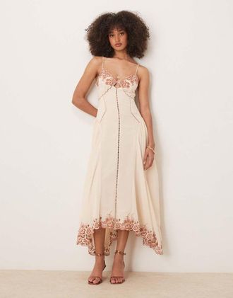 Asos contrast embroidered cami midi dress with ladder trim details in cream-White