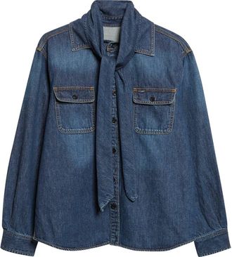 sacai Tie Neck Denim Button-Up Shirt in Blue at Nordstrom, Size 2