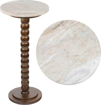 Jonathan Y Designs Monroe 24.25 Rustic Farmhouse Spindle Wood Drink Table and Decorative End Table with White Marble Round Top in Dark Brown/beige/gray at