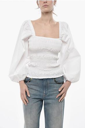 Ganni Smocked Cotton Blouse with Balloon Sleeves size 40