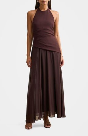 Ever New Elise Linen Blend & Chiffon Halter Maxi Dress in Chocolate at Nordstrom, Size 10