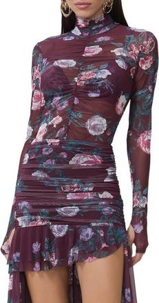 AFRM Rubi Ruched Sheer Mesh Top in Cabernet Bouquet at Nordstrom, Size X-Large