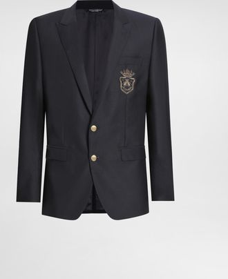 Dolce & Gabbana Single-breasted Wool And Silk Jacket With Patch - Man Suits And Blazers Blue 48