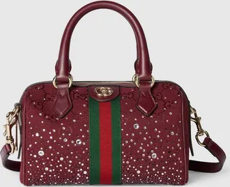 Gucci Ophidia Crystals Small Boston Bag, Beige, GG Canvas