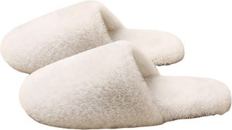 Generic Womens White Fuzzy Slide Slippers, Winter Warm Cozy Fleece Lining Scuff Slippers, Non-Slip Rubber Sole Indoor Outdoor House Shoes,White,6.5 UK