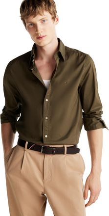 Tommy Hilfiger Long Sleeve Poplin Regular Fit, Mens Button Down Shirts, Also Available in Big and Tall, Dark Green, Large