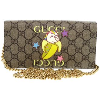 Gucci Beige Brown Multi-Color Gg Supreme Chain/Shoulder Wallet (Pre-Owned)