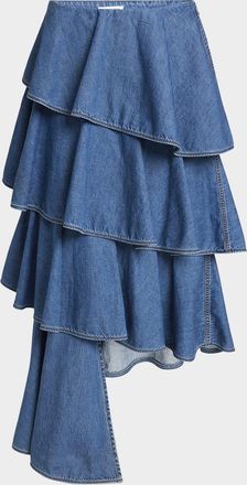 Alaia Spiral Ruffle Denim Midi Skirt