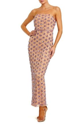 Mac Duggal Mesh Beaded Strapless Column Ankle Dress in Nude Lilac at Nordstrom, Size 10