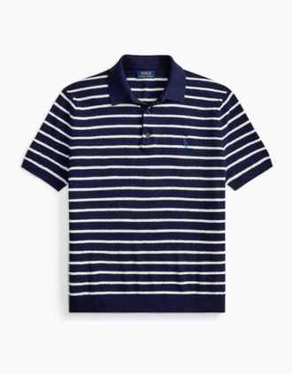 Polo Ralph Lauren Mens Polo Ralph Lauren Stripe Knitted Polo 002 Bright Navy - White - Size: 40