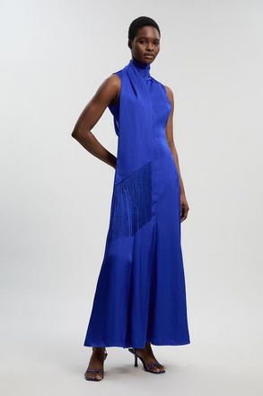 Karen Millen Satin Cowl Neck Scarf Fringe Maxi Dress in Cobalt at Nordstrom, Size 10