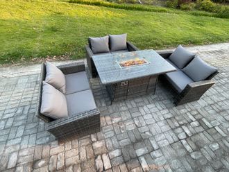 Fimous Outdoor Garden Dining Sets 6 Seater Rattan Patio Furniture Sofa Set with Gas Firepit Table in Dark Grey