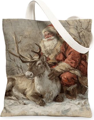 Generic Christmas Reindeer Canvas Tote Bags, Vintage Animal Pattern Reusable Grocery Bags, Rustic Lightweight Washable Shoulder Str, Beige, 13x15 Inch