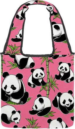 Generic Cute Panda on Pink Reversible Canvas Shoulder Tote - Double-Sided Print, 12oz Cotton, 27cm Drop, Fold-Flat Bag for Travel, Shopping, Street Outings