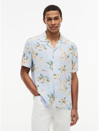 Tommy Hilfiger Mens Regular Fit Floral Linen-Blend Camp Shirt - Blue - XXXL