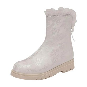 Generic Womens Mid Calf Boots Round Toe Med Thick Heel With Side Zipper And A Delicate Floral Butterfly-Knot Detail