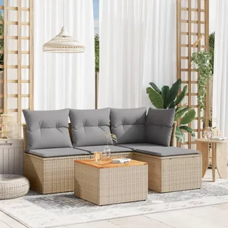 vidaXL Juego De Sof&aacute;s Jard&iacute;n Con Cojines 5 Pzas Rat&aacute;n Sint&eacute;tico Beige Vidaxl