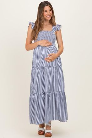 Pinkblush Striped Ruffle Strap Smocked Maxi Dress in Navy Blue at Nordstrom, Size Medium