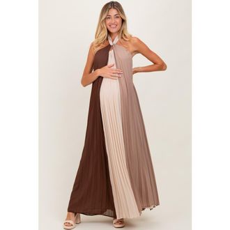 Pinkblush Pleated Halter Neck Maxi Dress in Brown at Nordstrom, Size Small