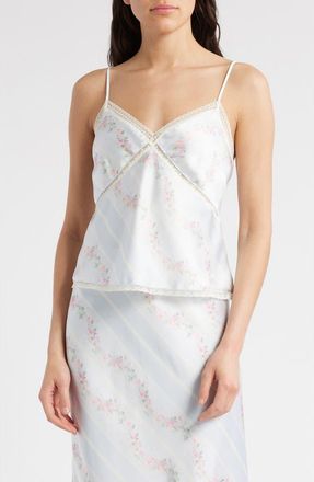 LoveShackFancy Levall Floral Lace Trim Satin Camisole in Wavecrest Blue at Nordstrom, Size Small