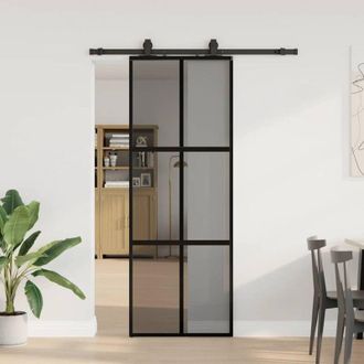 vidaXL Puerta Corredera Con Herrajes Negro 76x205 Cm Vidrio Templado
