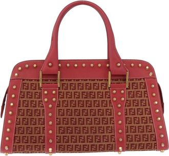 Fendi Studded Handle Canvas Red Canvas Handbag (Pre-Owned)