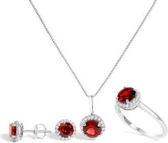 House of Brilliance 10K Gold Gemstone and 3/8 Cttw Diamond Halo Jewelry Set in White | Red Garnet at Nordstrom