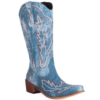 Generic Womens Chunky High Heel Knee High Boots Square Toe Long Boots with Embroidery Stitched Pull on Western Cowboy Boot,Blue,8.5 UK