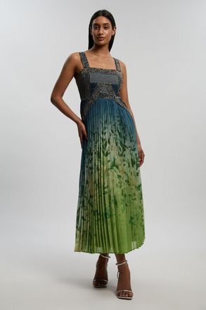 Karen Millen Womens Embellished Ombre Floral Pleated Woven Maxi Dress - Navy - Size 10 UK