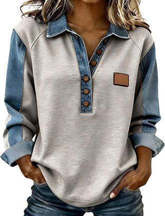 Generic Denim Sweater for Women Collar Button Up Patchwork Denim Pullover Shirt Vintage Waffle Knit Jean Sweater Casual Wear Blouses Casual Long Sleeve Jumper