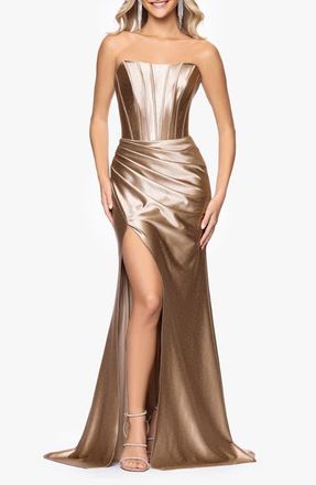 Betsy & Adam Kenya Satin Strapless Corset Gown in Taupe at Nordstrom, Size 6