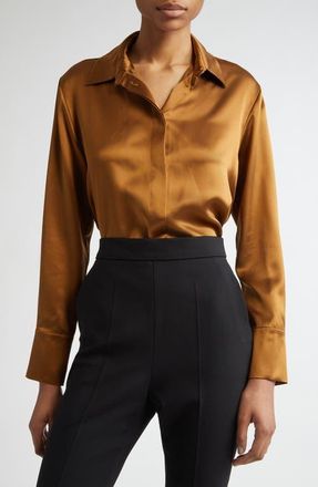 Max Mara Mazurca Silk Satin Button-Up Shirt in Tobacco at Nordstrom, Size 0