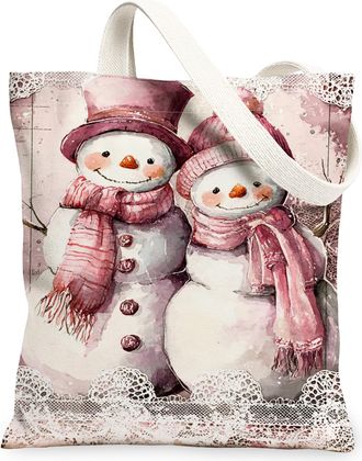Generic Winter Snow Man Canvas Tote Bags, Vintage Floral Pattern Reusable Grocery Bags, Lightweight Washable Shoulder Strap Canvas, Peach, 13x15 Inch