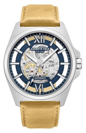 Kenneth Cole Skeleton Automatic Tan Leather Strap Watch, 44mm at Nordstrom