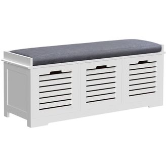 HOMCOM 3-Door Shoe Storage Bench Cushion Seat Slatted Doors Elevated Base White | TJ Hughes