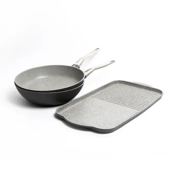 MasterClass MasterClass 3pc Non-Stick Cast Aluminium Cookware Set with Wok 28cm, Non-Stick Frying Pan 28cm & Dual Griddle Tray 46cm in Black