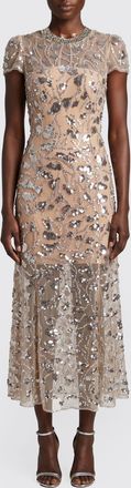 Self Portrait Abito da sera midi slim fit interamente ricamato con paillettes