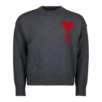Ami Round-neck Knitwear, male, Gray, Size: M Red Heart Sweater Spring-Summer 2025