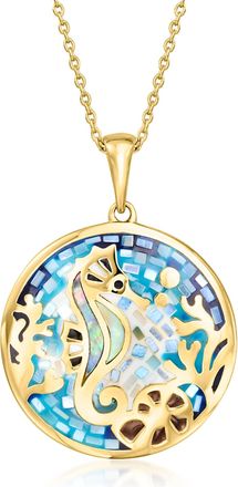 Ross-Simons Multicolored Enamel and Mother-Of-Pearl Seahorse Mosaic Pendant Necklace in 18kt Gold Over Sterling