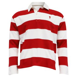 Ami Striped Ami de Caur Long Sleeve Polo Shirt in Red and White Cotton