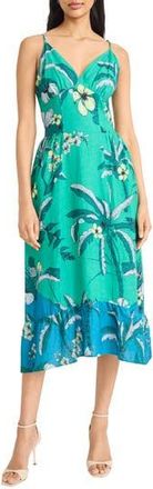 Maggy London Floral Linen Blend Fit & Flare Midi Dress in Spectrum Green/Teal Blue at Nordstrom Rack, Size 14
