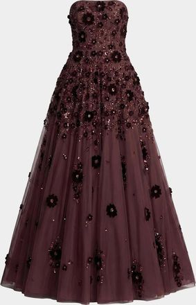 Mac Duggal Strapless Floral Beaded Mesh Gown