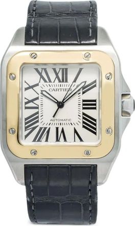 Cartier pre-owned Santos 100 38mm - men - stainless steel/18kt Yellow Gold/Alligator Leather/Sapphire Glass - One Size - Neutrals