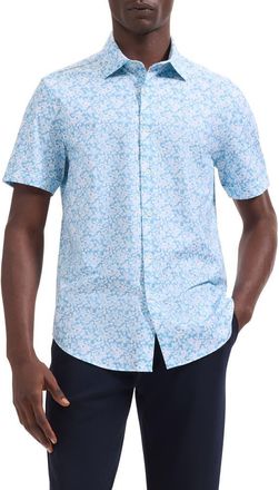 Bugatchi Miles OoohCotton Watercolor Floral Print Short Sleeve Button-Up Shirt in Teal at Nordstrom, Size Xx-Large