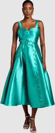 Coast Button-Trim Belted Full Skirt Midi Dress in Teal at Nordstrom, Size 14
